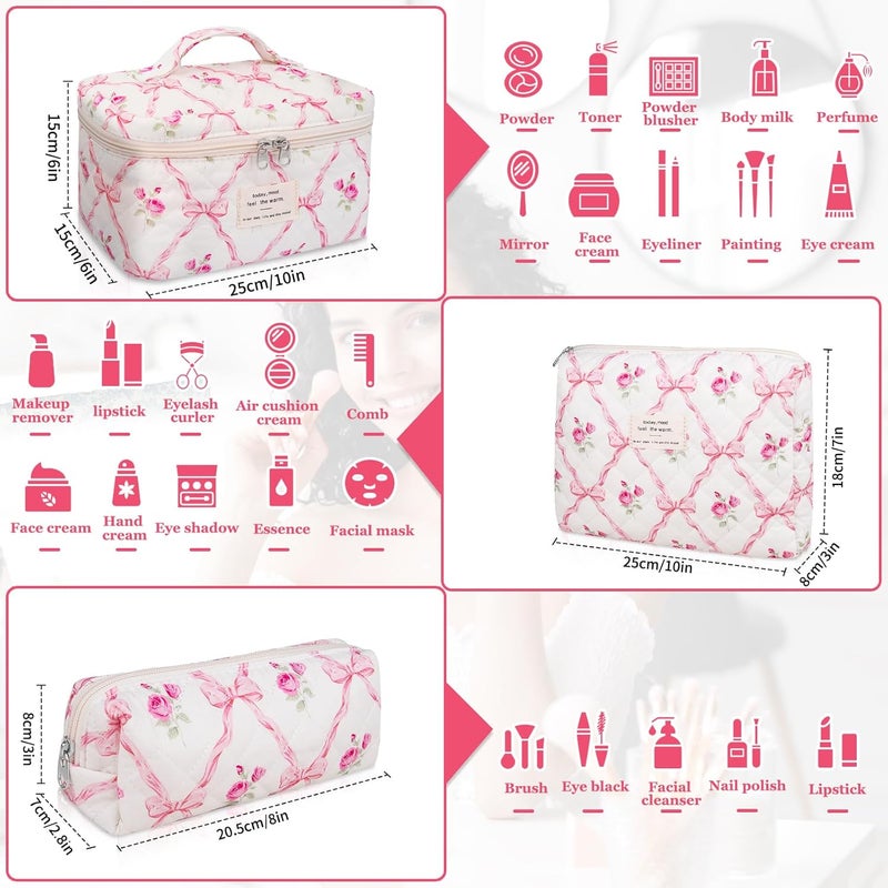 Gosect 3PC Makeup Bag Set, Quilted Makeup Bag, Large Floral Cosmetic Bag for Women, Cute Cotton Makeup Bags, Flower Travel Toiletry Organizer Bag (Pink Flower) - Image 2